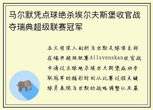 马尔默凭点球绝杀埃尔夫斯堡收官战夺瑞典超级联赛冠军 马尔默凭点球绝杀埃尔夫斯堡收官战夺瑞典超级联赛冠军