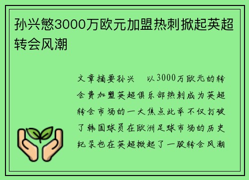 孙兴慜3000万欧元加盟热刺掀起英超转会风潮 孙兴慜3000万欧元加盟热刺掀起英超转会风潮