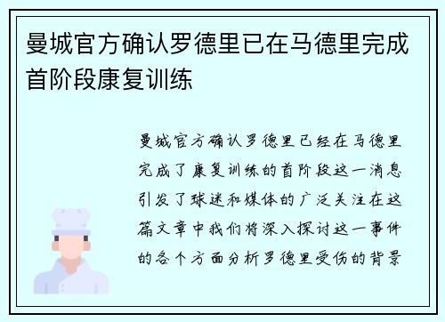 曼城官方确认罗德里已在马德里完成首阶段康复训练 曼城官方确认罗德里已在马德里完成首阶段康复训练